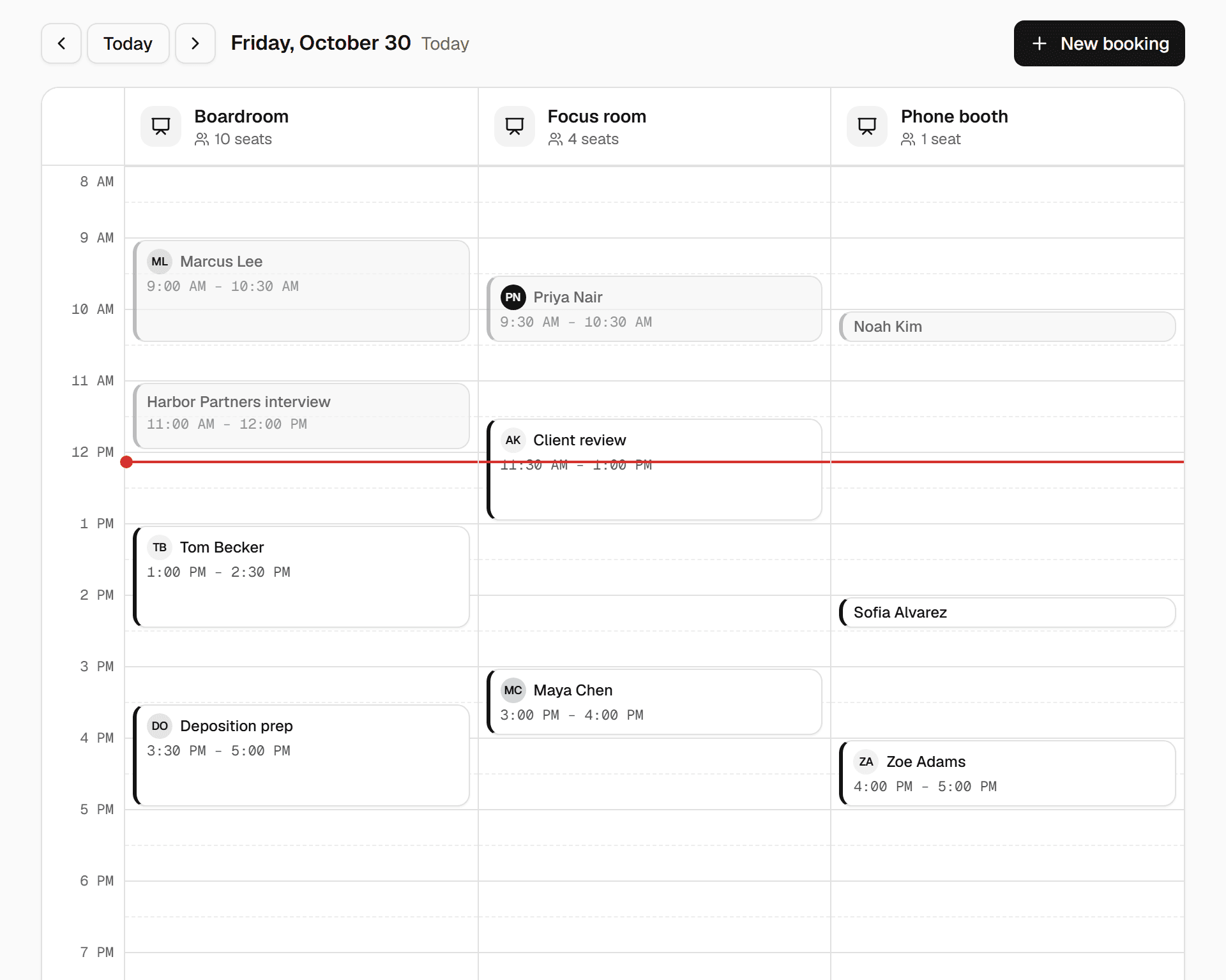 The Bookings board: Boardroom, Focus room and Phone booth side by side, with the day's bookings and a line marking the current time.